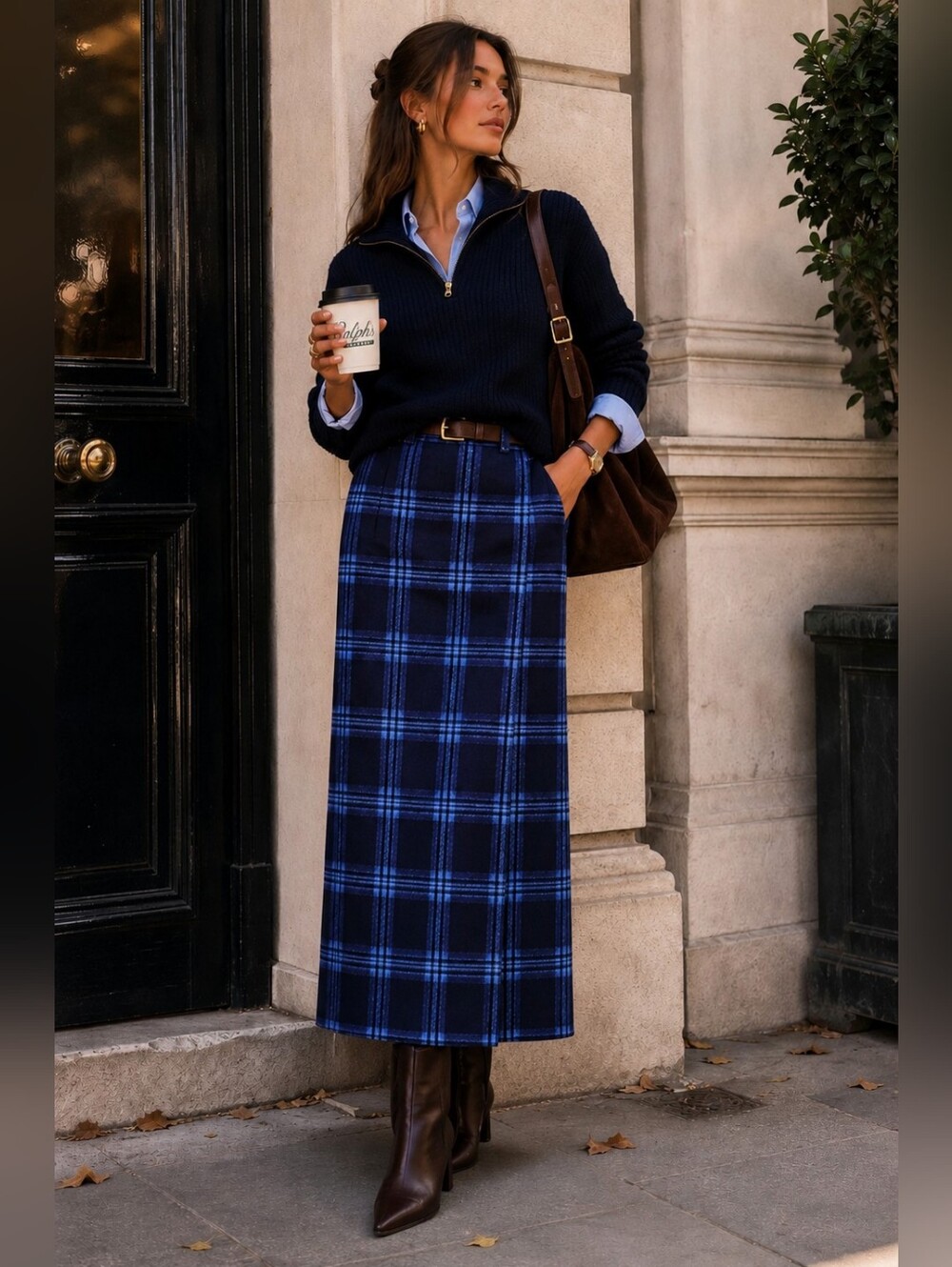 Vintage Horst Basler Plaid Wool Maxi Skirt Size M Blue Kilt